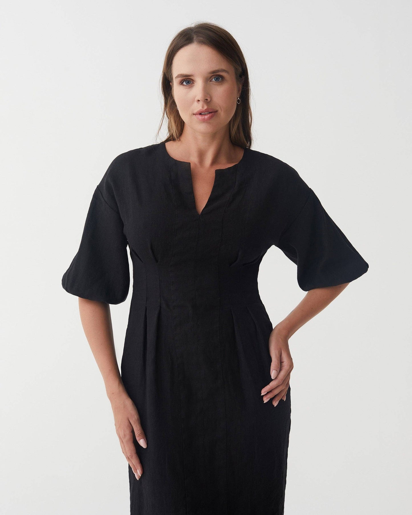 Balloon Sleeve Linen Dress BORNEO in Black