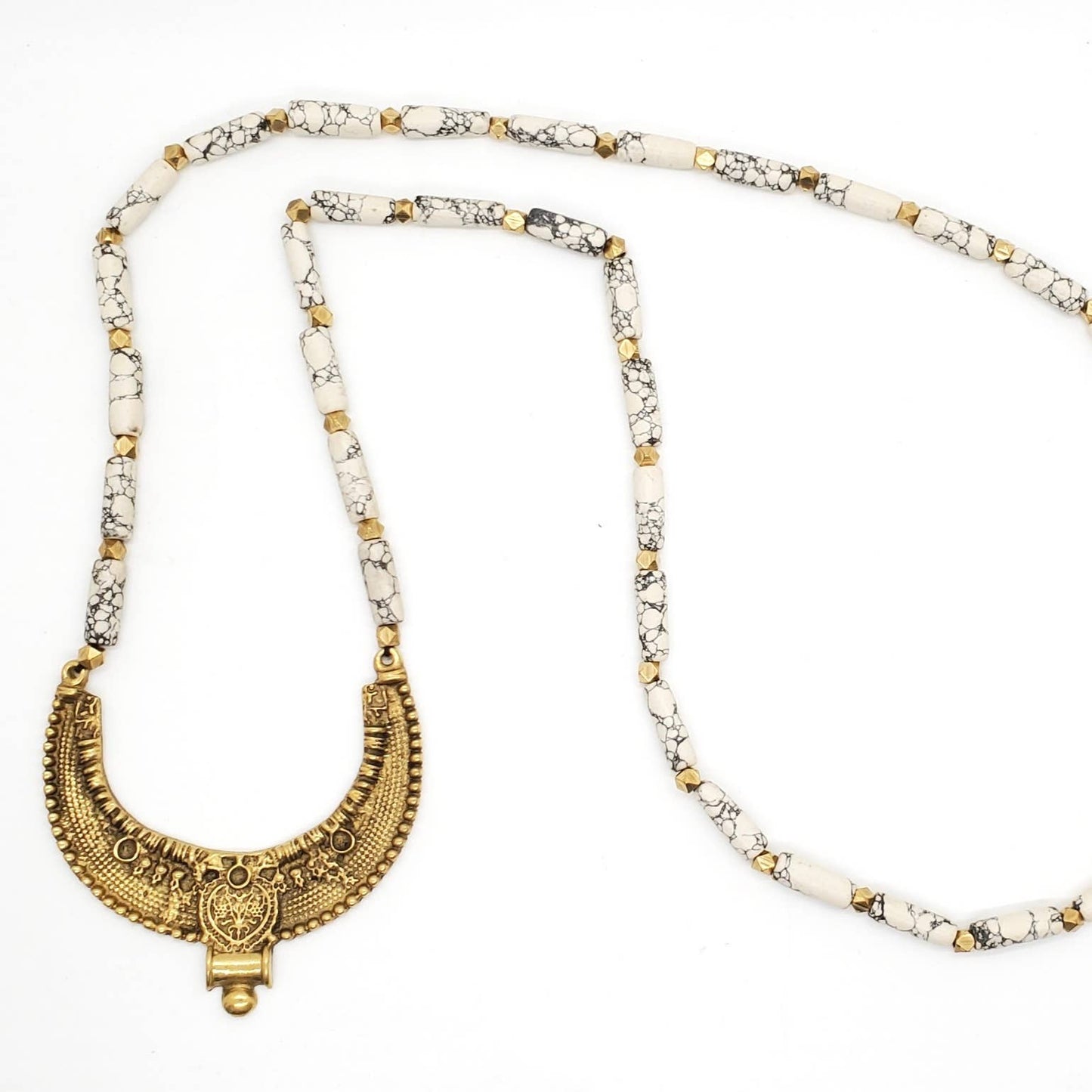 Ceramic and Brass Beaded Tribal Crescent Necklace