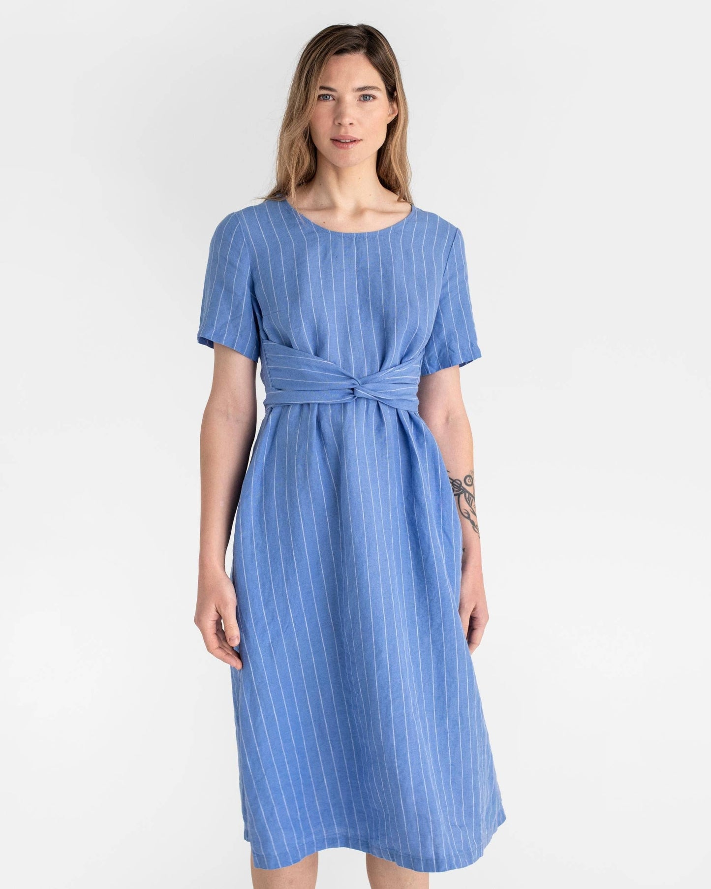 Midi wrap linen dress MANILA in Blue stripes