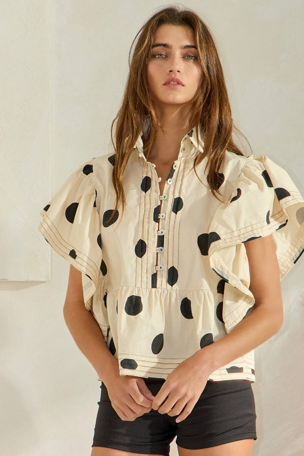 IT2337 Ruffle Sleeves Pintuck Detail Polka Dot Print top