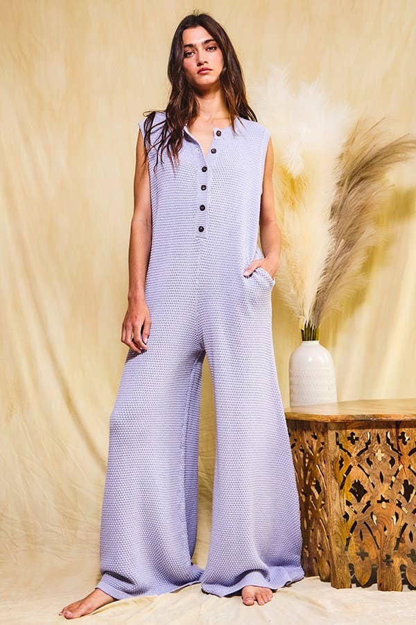 IR5426 Wide Leg Button-up Loose Fit Solid Sweater Jumpsuit
