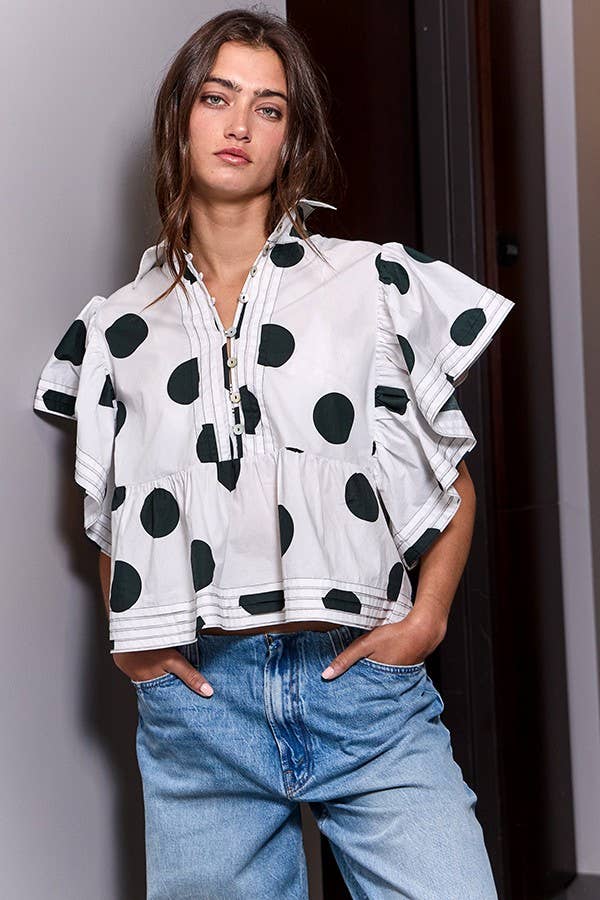 IT2337 Ruffle Sleeves Pintuck Detail Polka Dot Print top