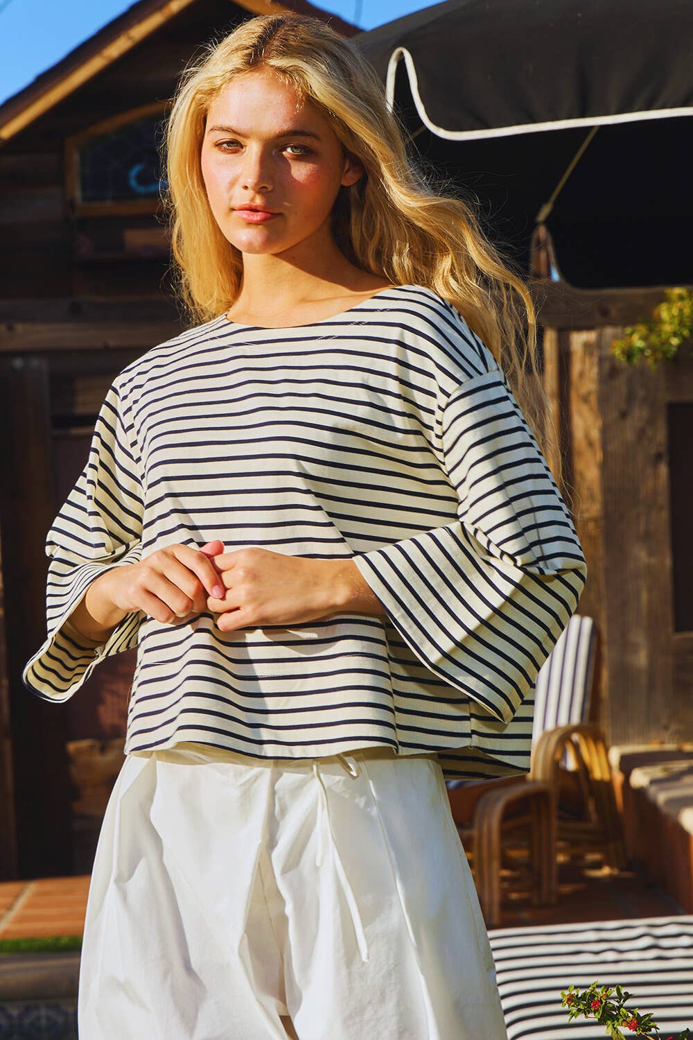 IT2434 Boat Neck Oversized Striped Crop T-shirt