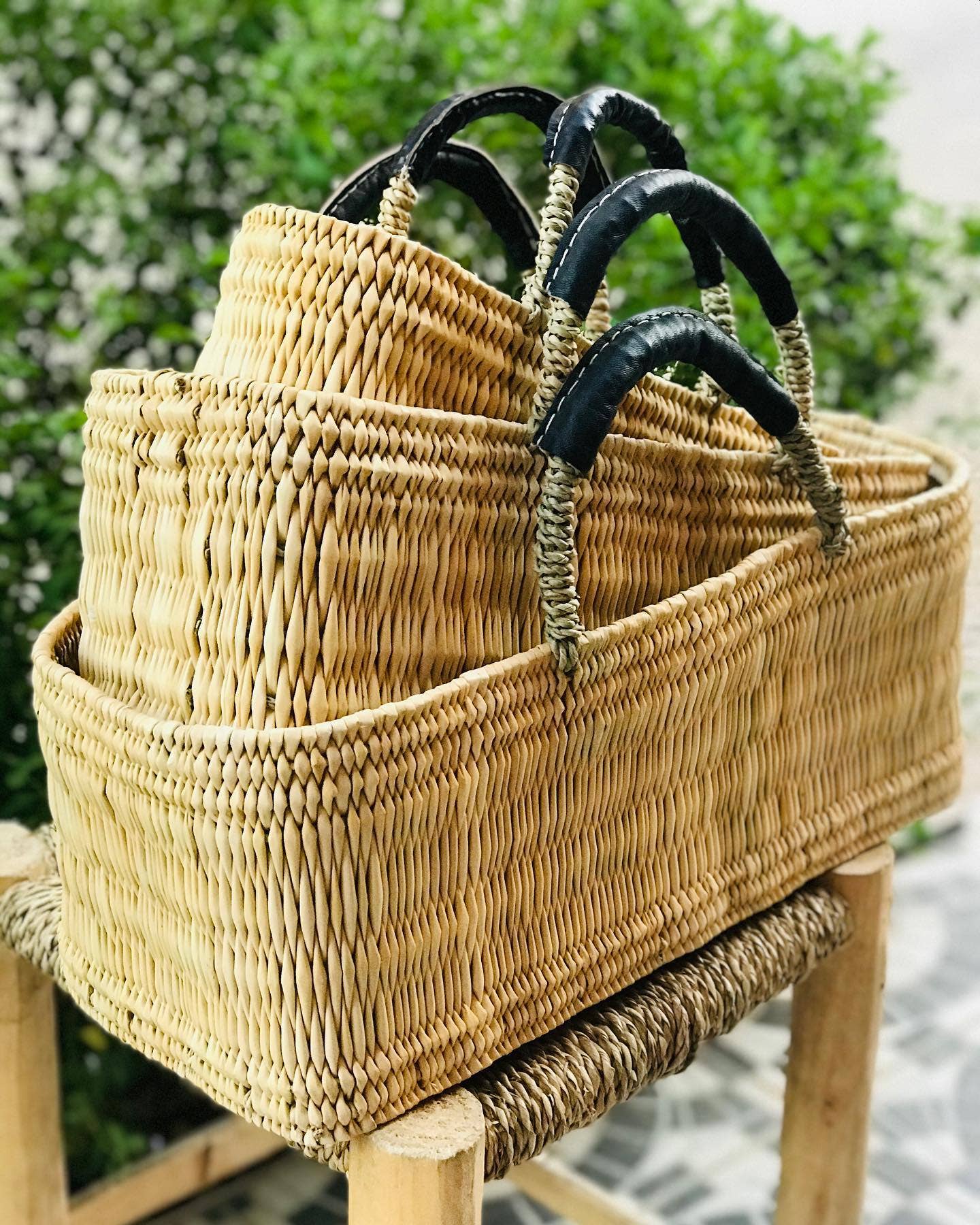 Reed Baskets with Leather Handles