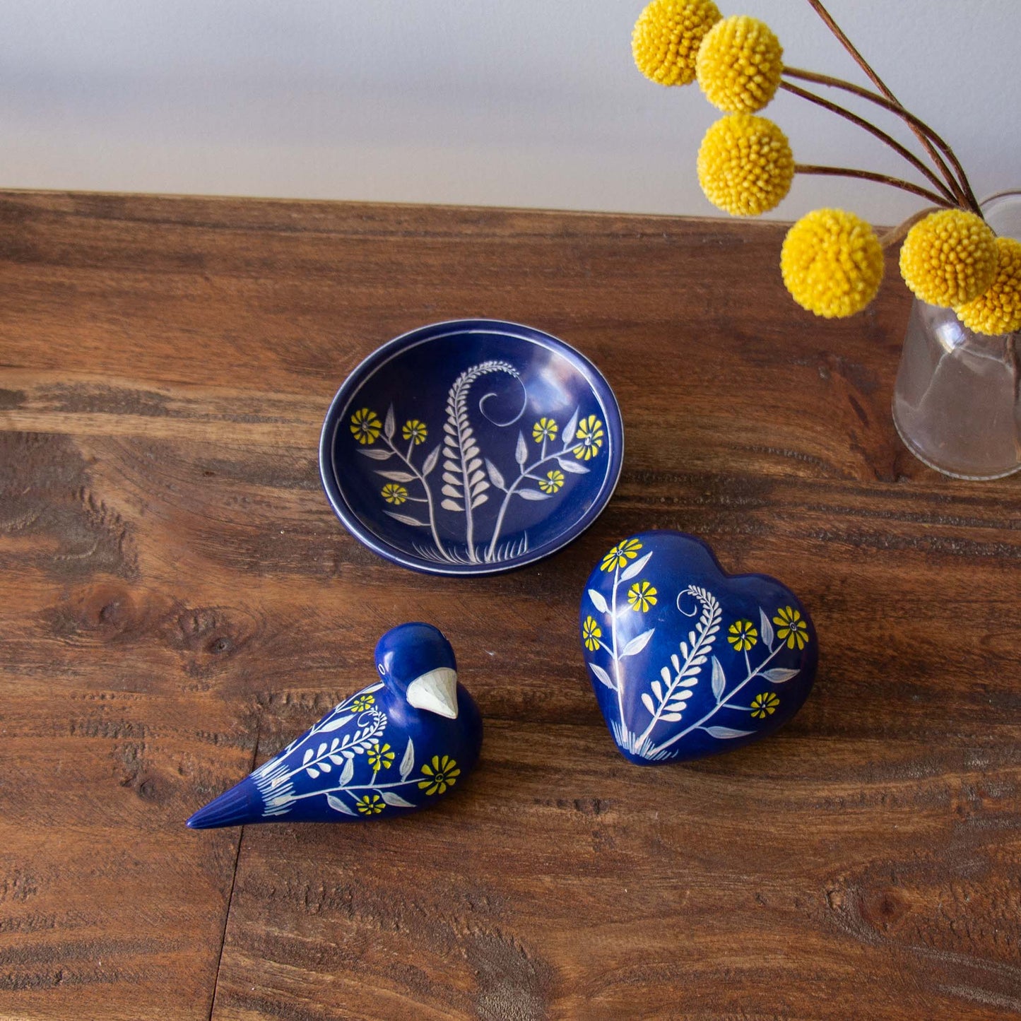 Soapstone Blue Dish with Yellow Flower Accents