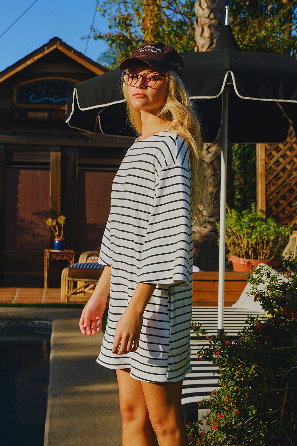 D4379 Boat Neck Oversized Striped Mini T-shirt Dress