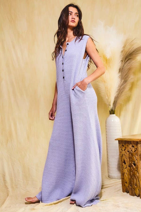 IR5426 Wide Leg Button-up Loose Fit Solid Sweater Jumpsuit