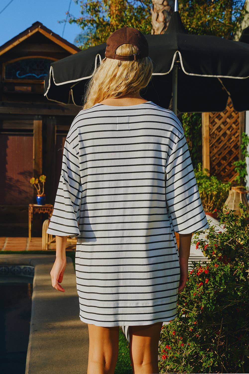 D4379 Boat Neck Oversized Striped Mini T-shirt Dress