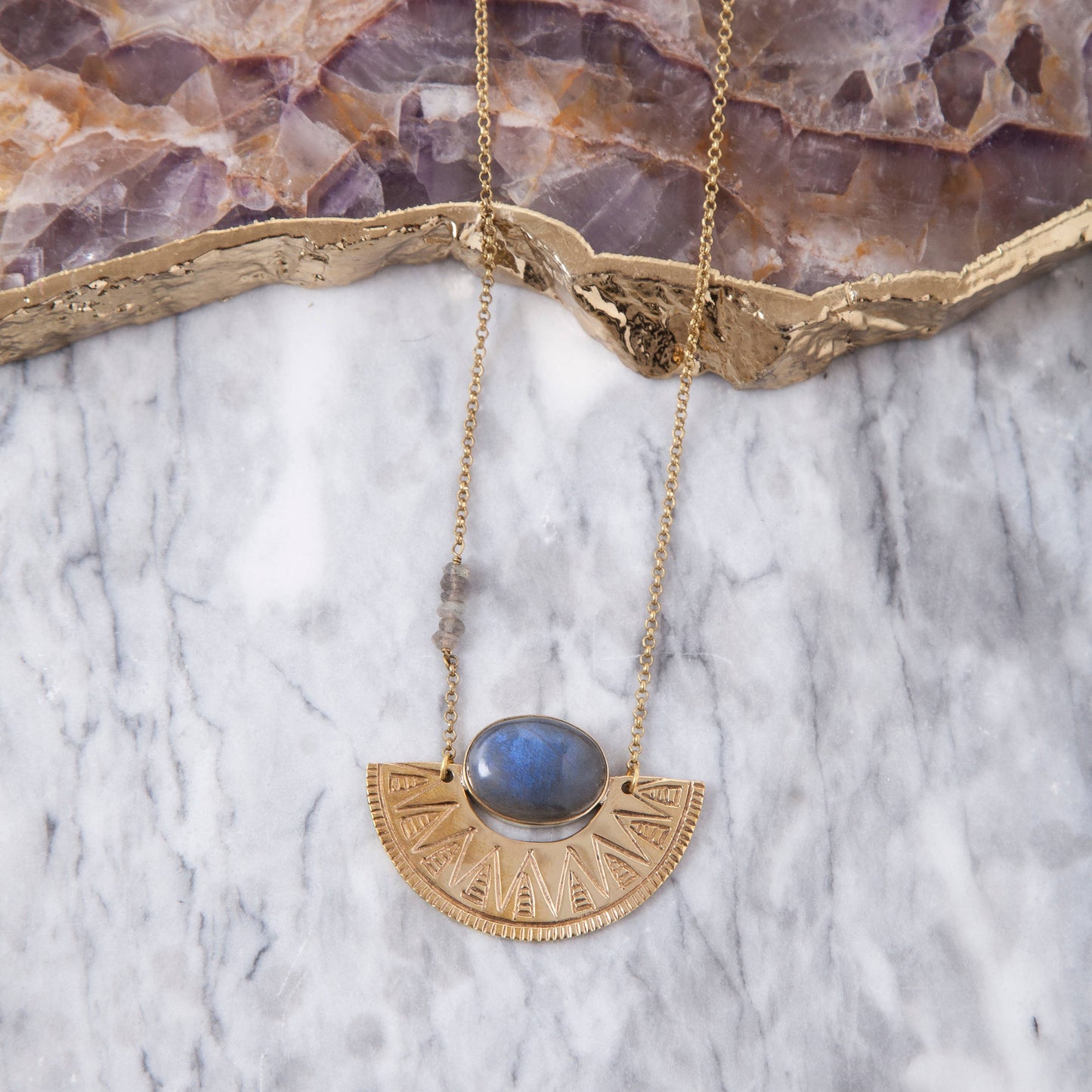 Brass Carved Shield Pendant with Labradorite - BP016
