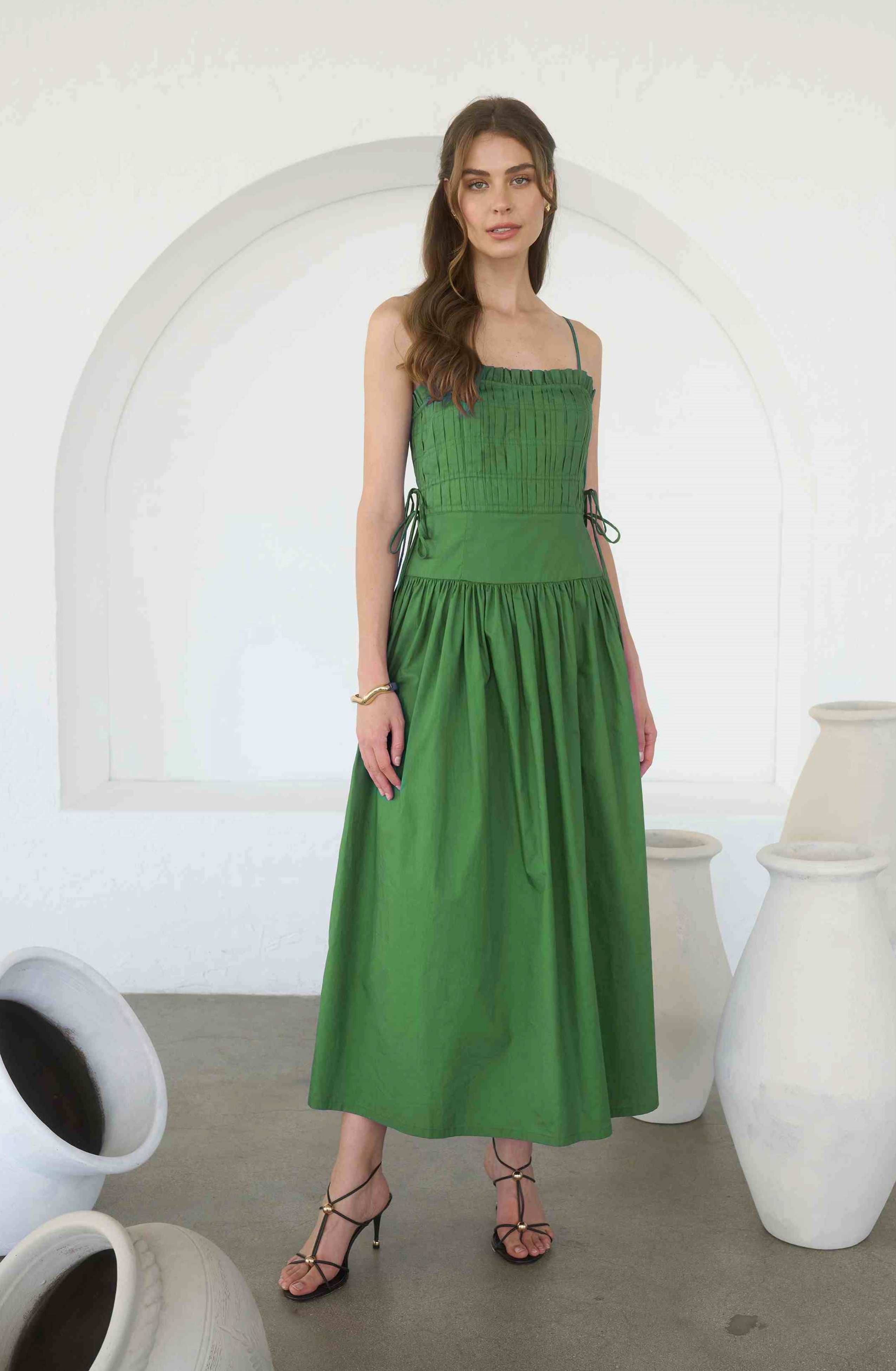 moss green midi dress Side Tie Pleated in – The Coast: Atelier Quantity:1 Set (Straight Edge) minimalist approach to occasion boho party dress 1960s Dresses — Canned