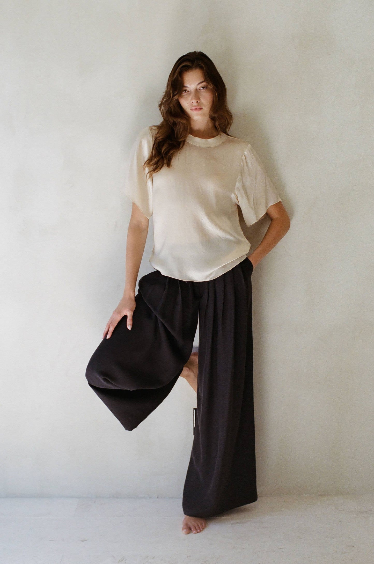 AR1045 | Woven 100% Silk Round Neck Short Sleeve Top