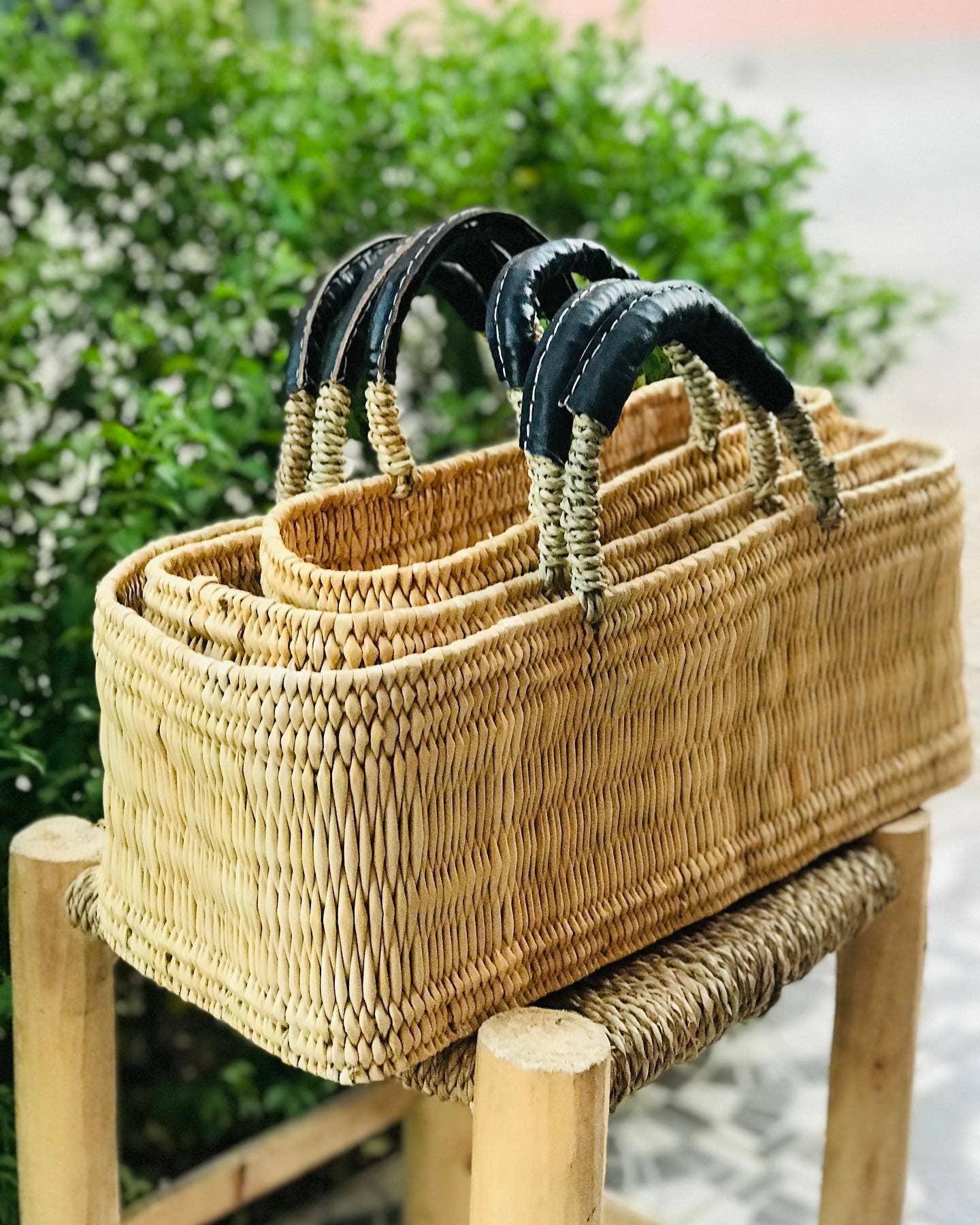 Reed Baskets with Leather Handles