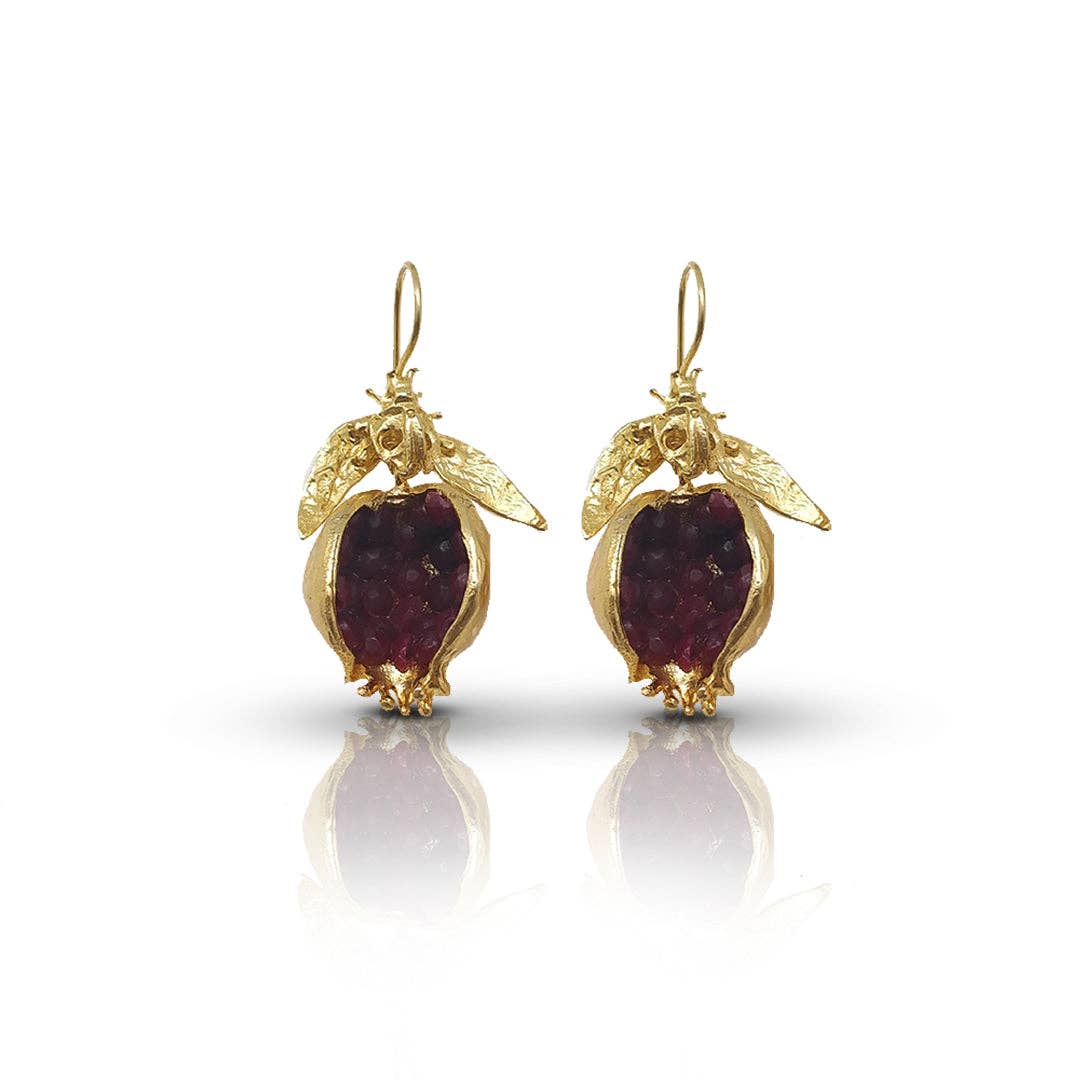 Contemporary Handmade Red Pomegranate Gold Earrings