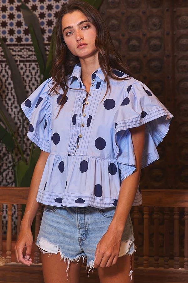 IT2337 Ruffle Sleeves Pintuck Detail Polka Dot Print top