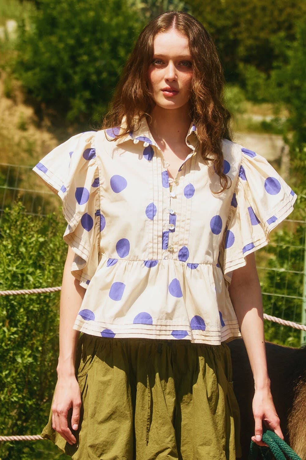 IT2337 Ruffle Sleeves Pintuck Detail Polka Dot Print top