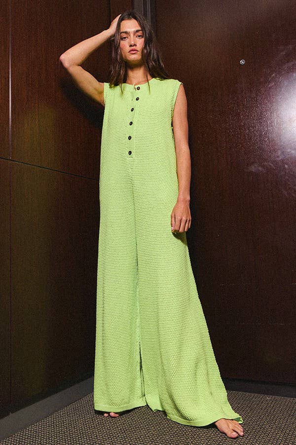IR5426 Wide Leg Button-up Loose Fit Solid Sweater Jumpsuit
