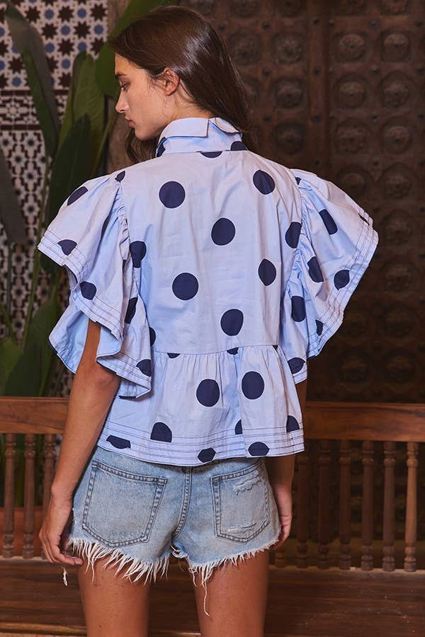 IT2337 Ruffle Sleeves Pintuck Detail Polka Dot Print top