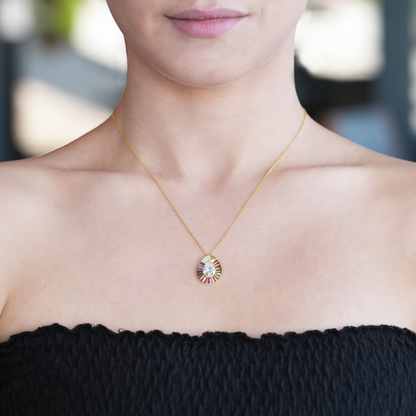 Round Sparkle Necklace with Colorful design around and CZ Diamond-Turkish Jewelry