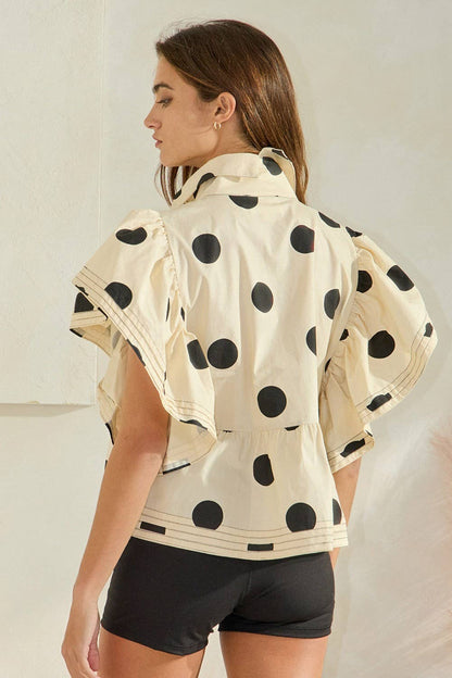 IT2337 Ruffle Sleeves Pintuck Detail Polka Dot Print top