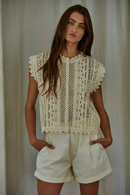 Woven Cotton Lace Buttondown Sleeveless Top