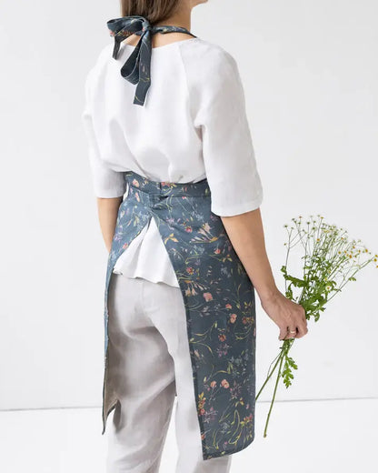 Linen bib apron with pocket in Wildflower navy| Floral print