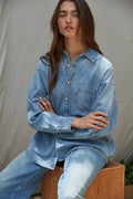 Woven Cotton Chambray Denim Button-Down Shirt