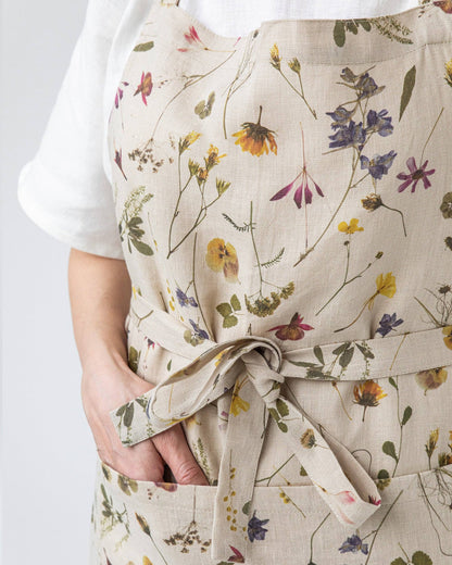 Linen bib apron with pocket in Botanical print| Floral print