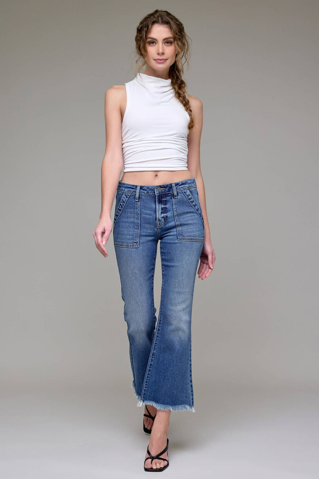 Medium Wash Frayed Hem Cargo Crop Flare