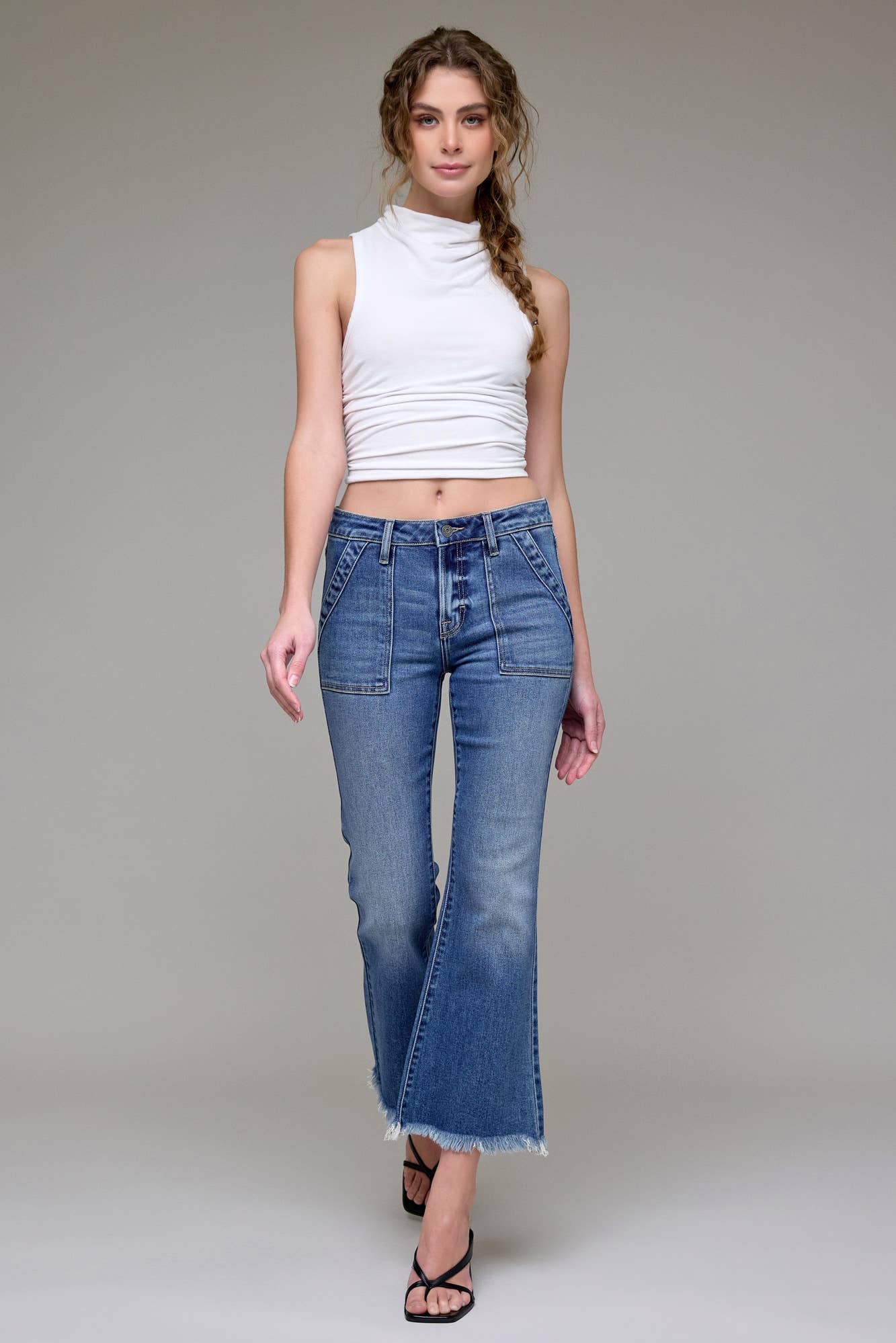 Medium Wash Frayed Hem Cargo Crop Flare