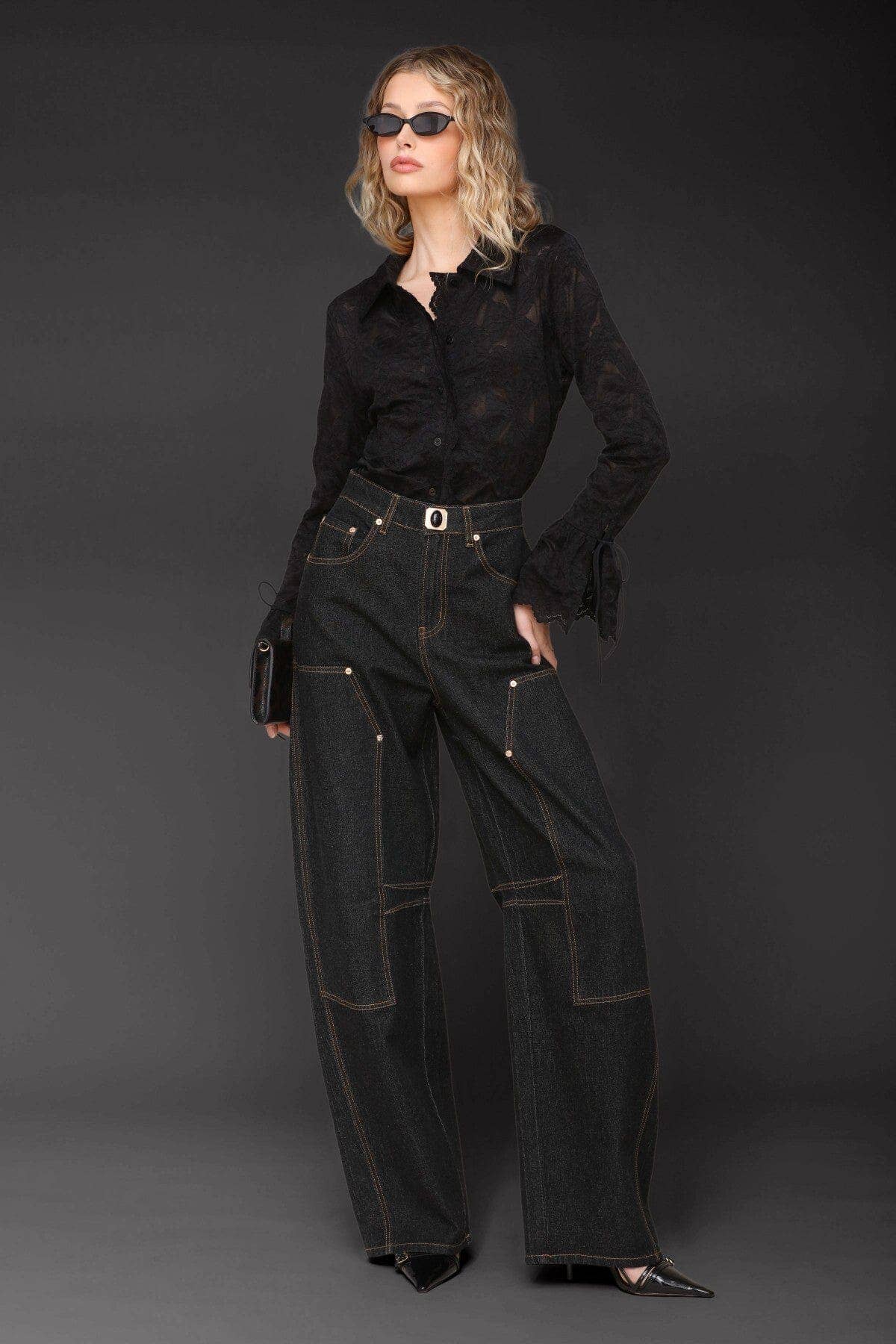 Novelty Button Barrel Leg Jeans