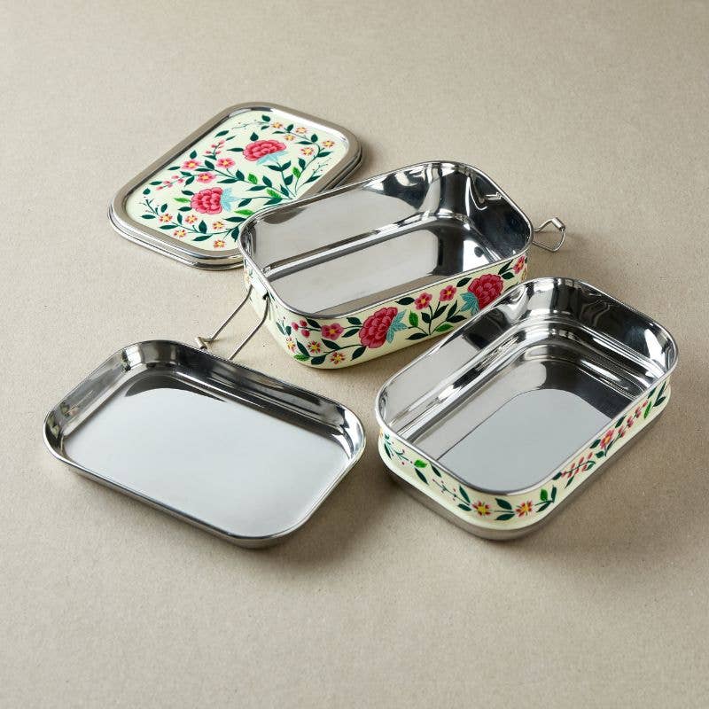 Tiffin Style Lunch Box | Pink & Ivory Flowers