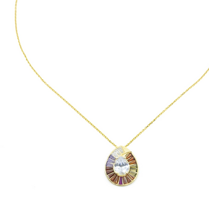 Round Sparkle Necklace with Colorful design around and CZ Diamond-Turkish Jewelry