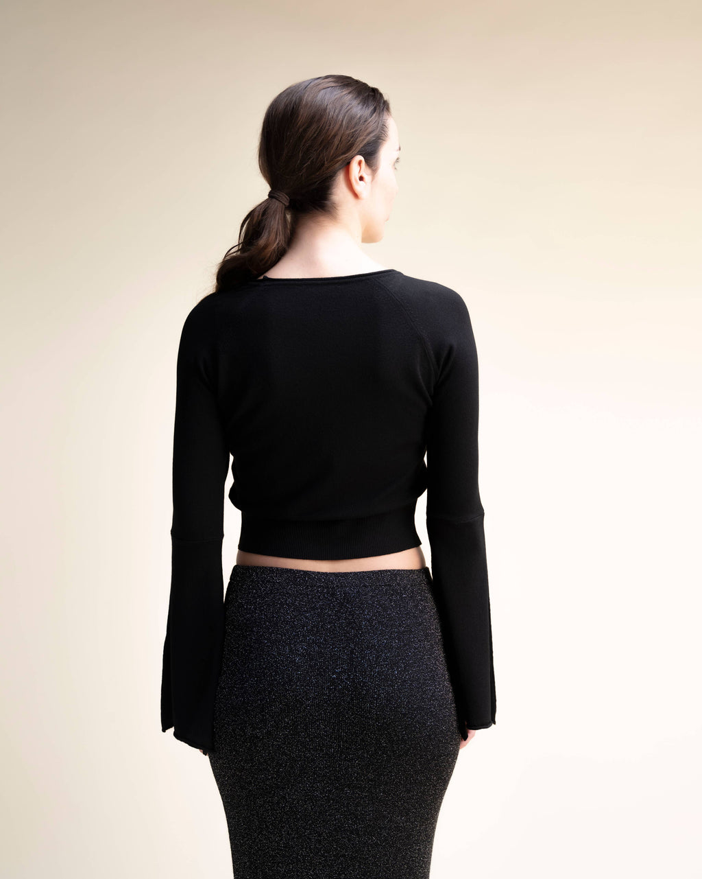 Viscose Mix Cropped Knit Top with Bell Sleeves