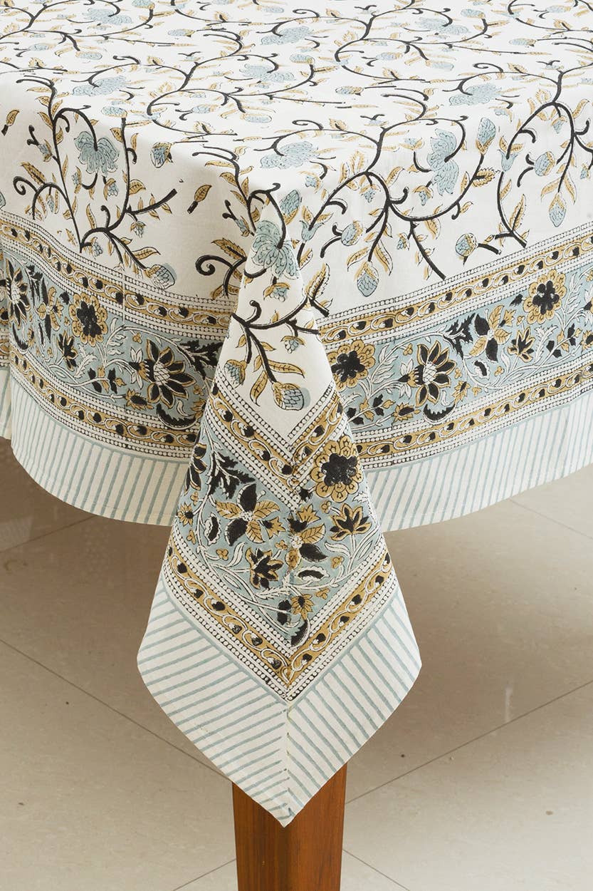 Silver Floral Block Print Cloth Tablecloth