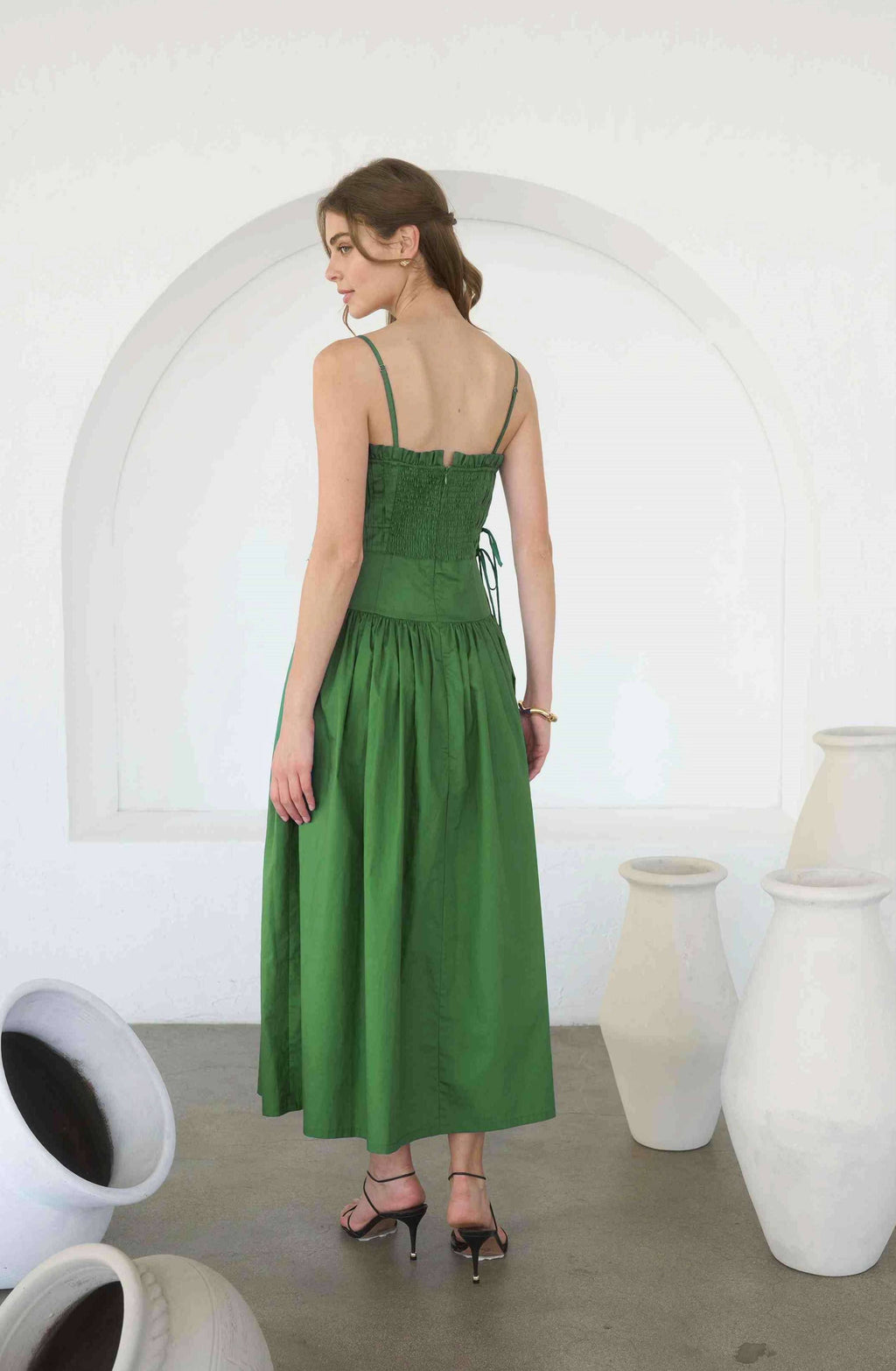 Side Tie  Pleated Midi Dress in Moss Green
