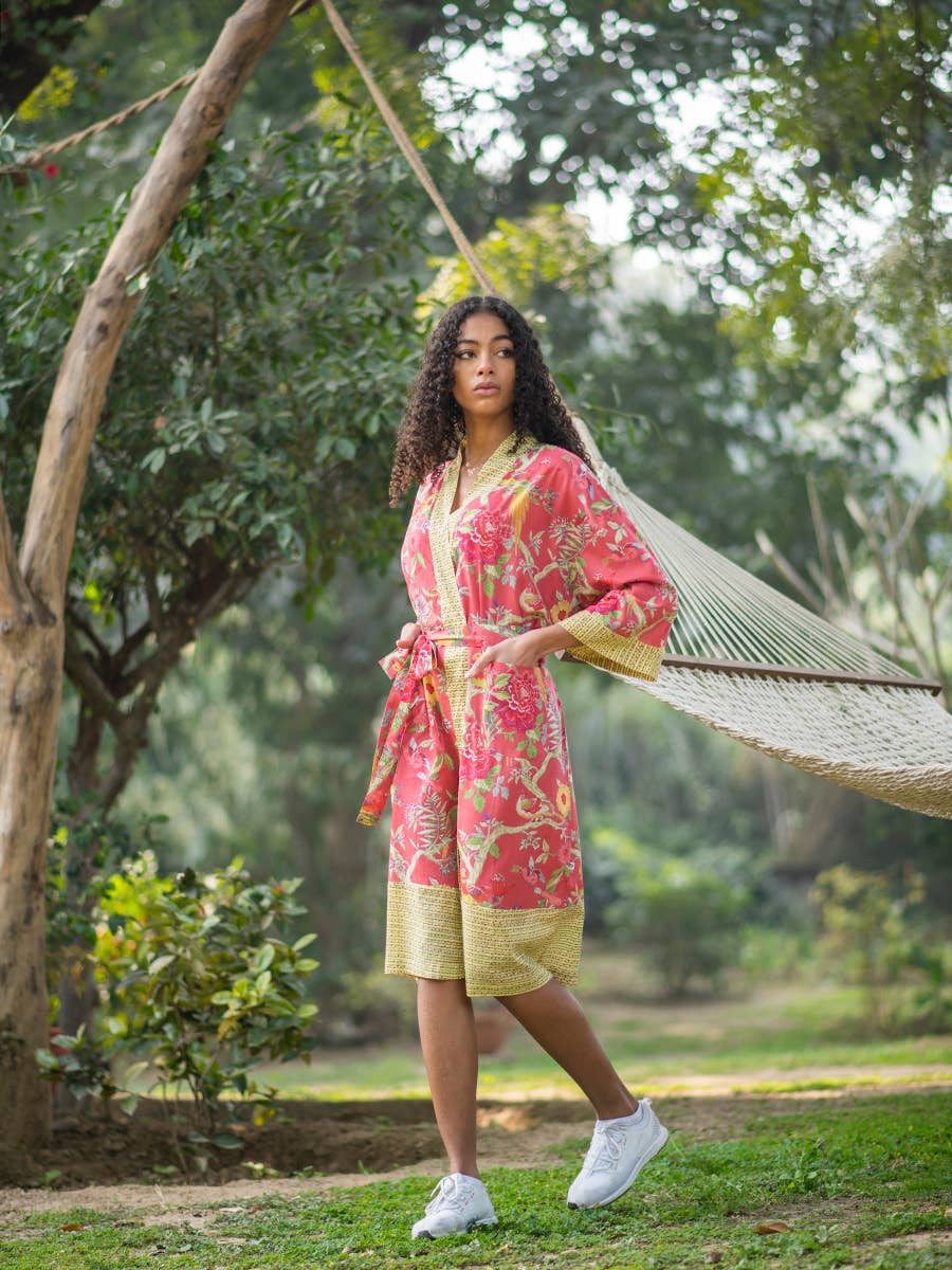 Printed Bird Coral Cotton Kimono for Women| One Size