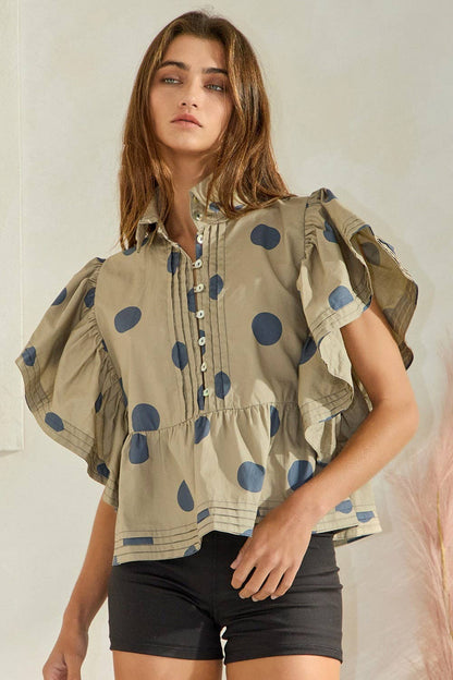 IT2337 Ruffle Sleeves Pintuck Detail Polka Dot Print top