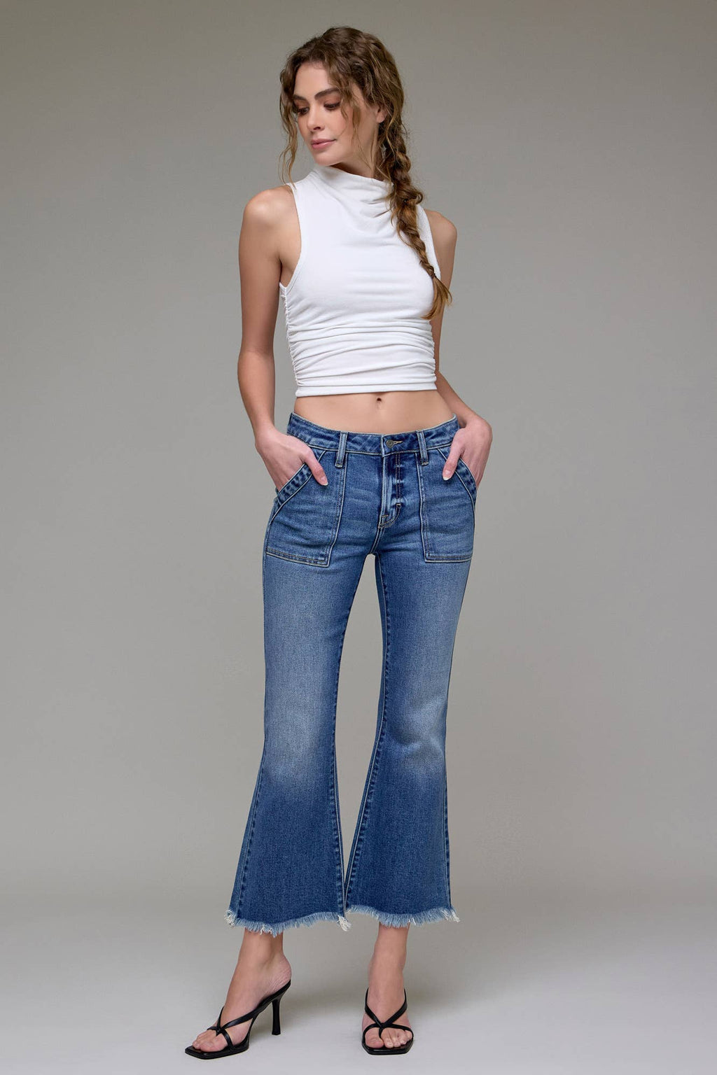 Medium Wash Frayed Hem Cargo Crop Flare