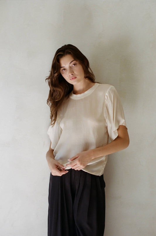 AR1045 | Woven 100% Silk Round Neck Short Sleeve Top