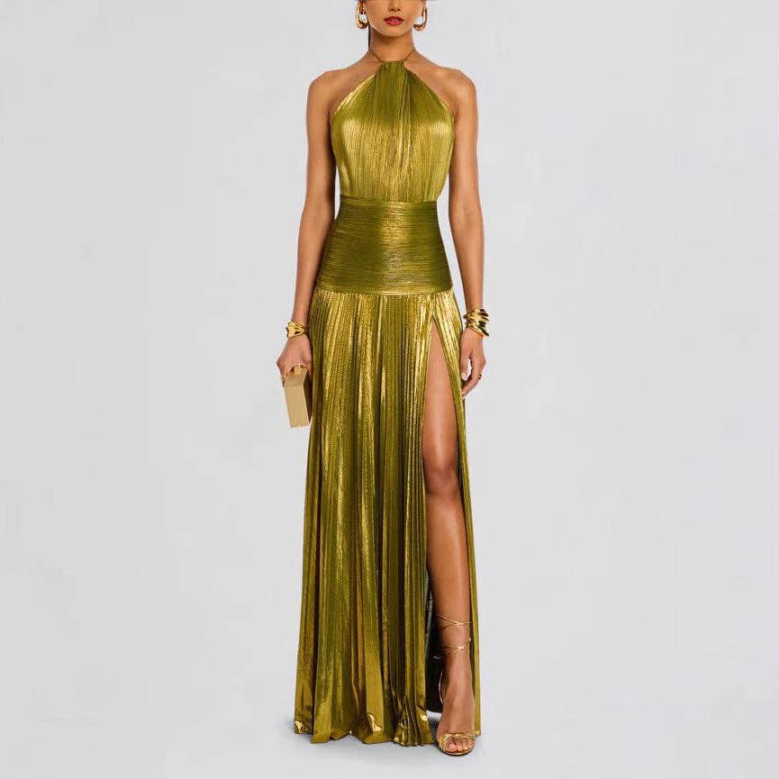 Metallic Halter Maxi Dress Backless