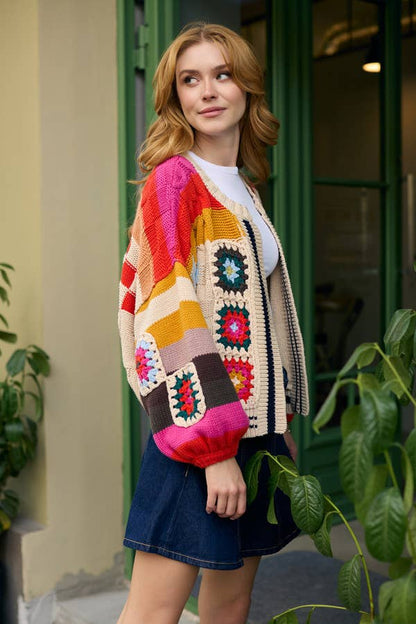 Square Checkered Multi Pattern Cardigan
