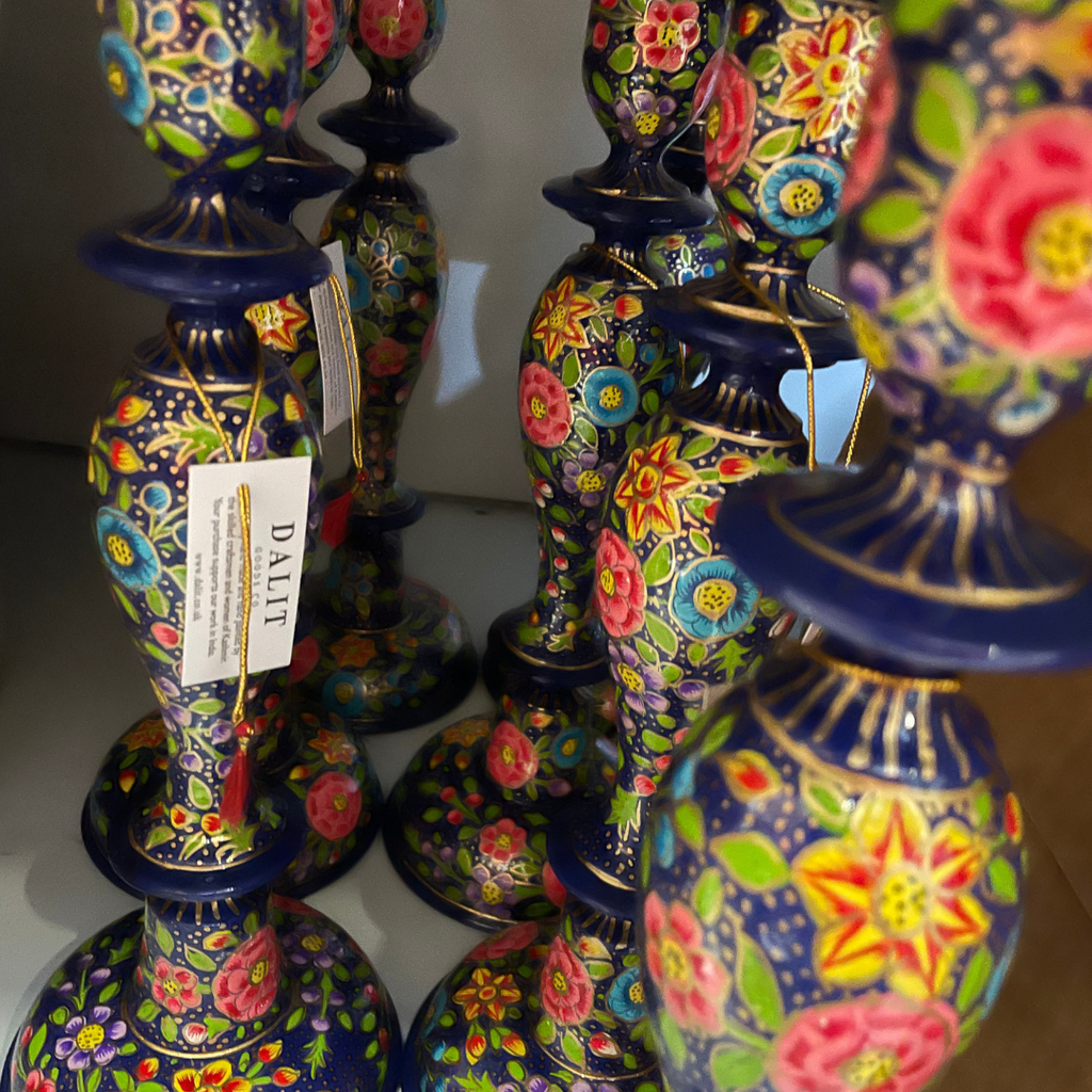 Wooden Candle Stick Holder 12" | Dark Blue Floral