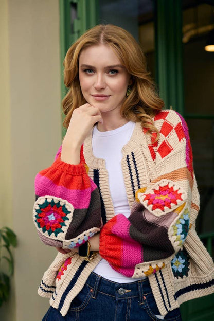 Square Checkered Multi Pattern Cardigan