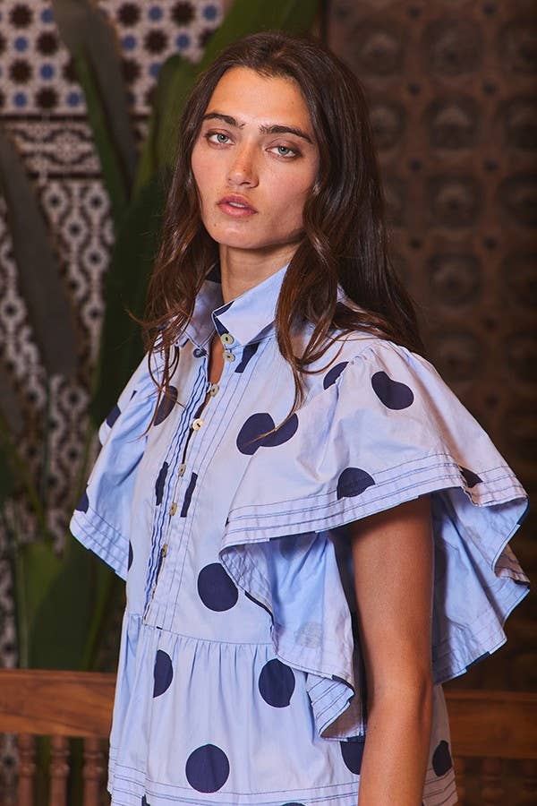 IT2337 Ruffle Sleeves Pintuck Detail Polka Dot Print top
