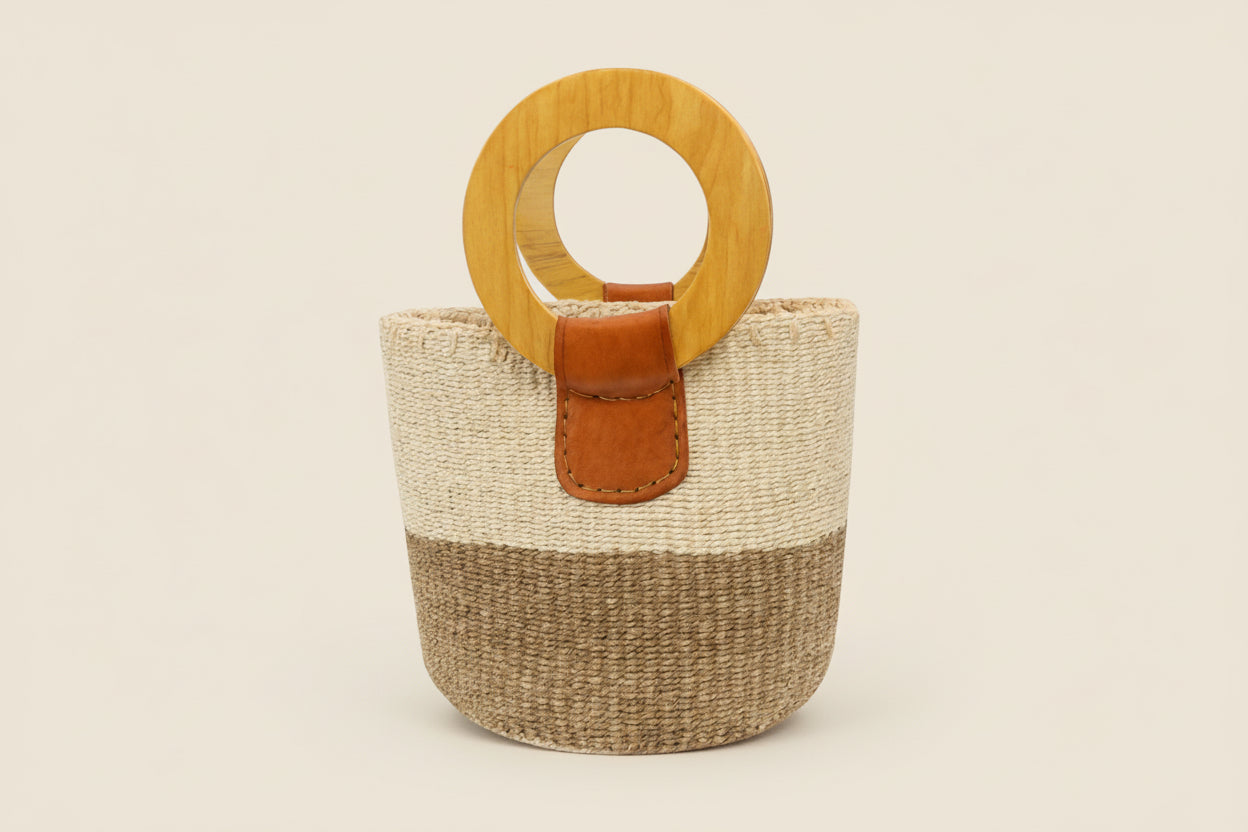 Natural Sisal Bag with Wood Handles, Two Tone Natural
