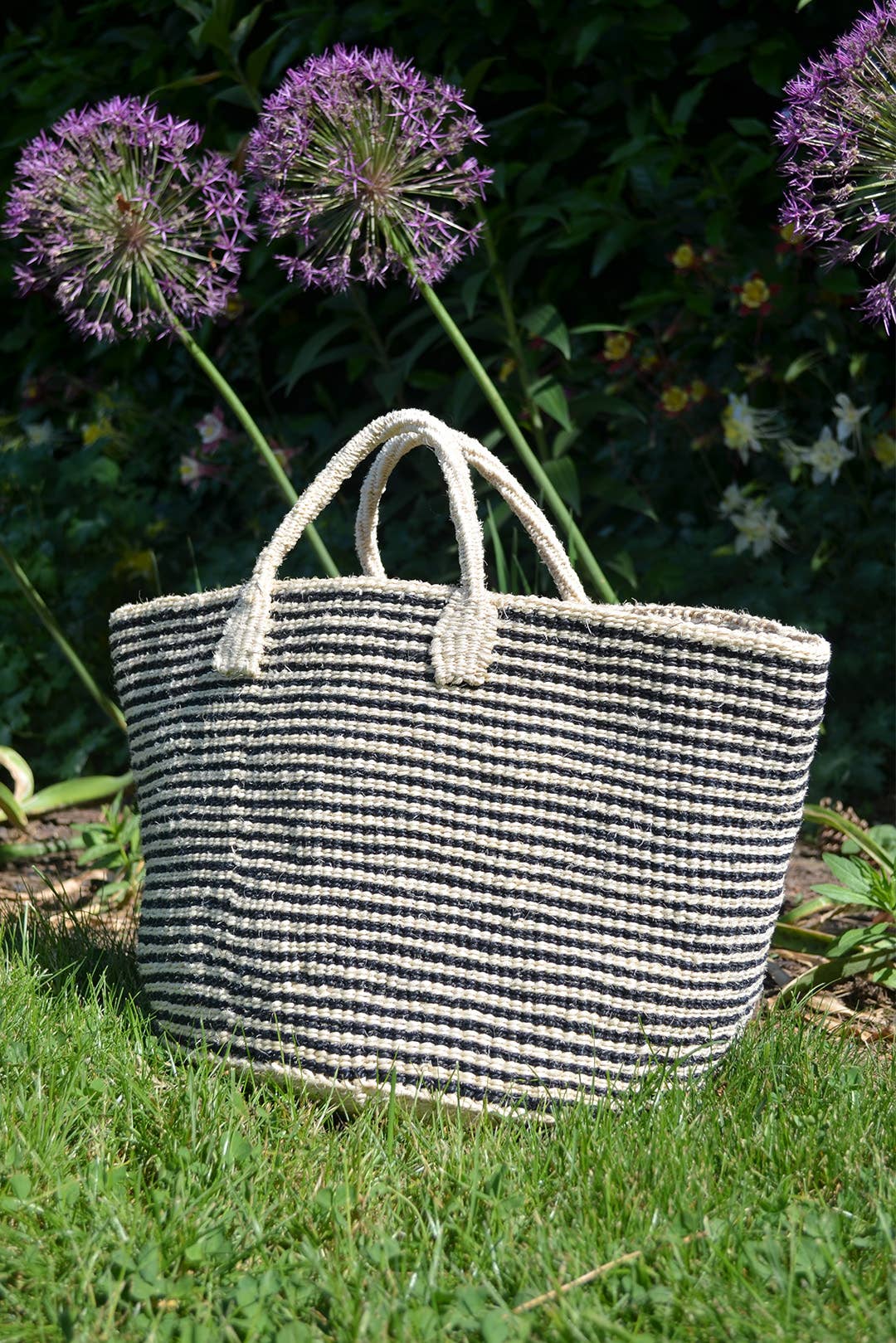Narrow Stripe Sisal Tote - Black