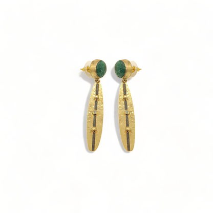 Emerald Handmade Hammered Gold Earrings
