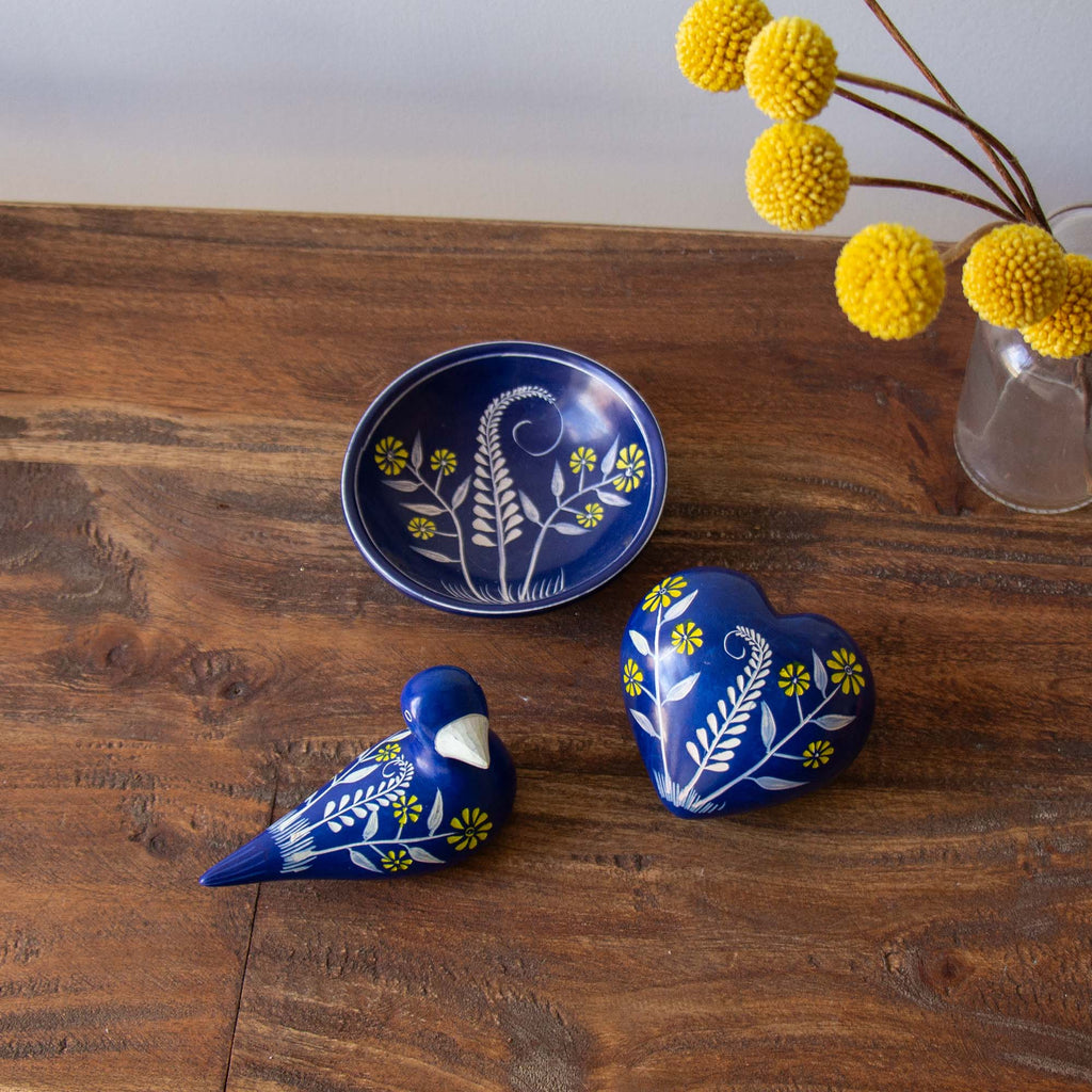 Soapstone Blue Dish with Yellow Flower Accents