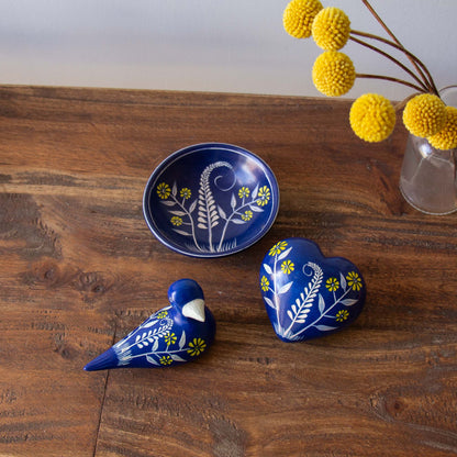 Soapstone Blue Dish with Yellow Flower Accents