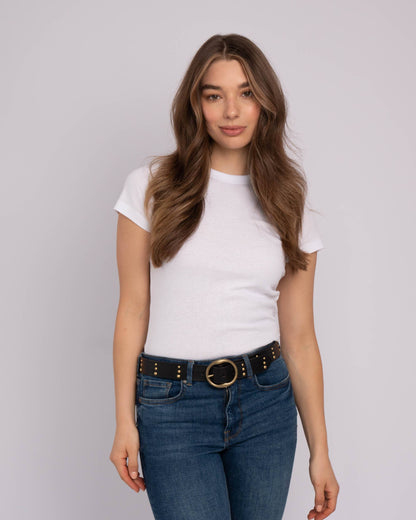 Dion | Round Buckle Leather Studded Belt